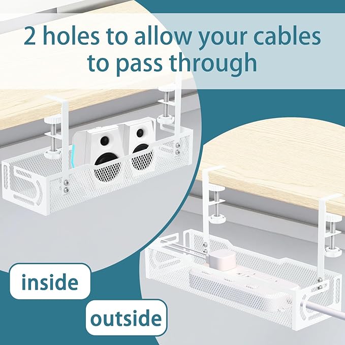 2Pack Under Desk Cable Management Tray, No Drill Mesh Desk Cable Tray, White