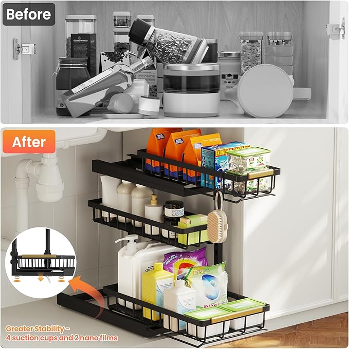 Under Sink Organizer and Storage for Bathroom and Kitchen - 1 Pack 3 Tier Under Cabinet Pull Out Shelf Organizers - Slide Out Drawer Organization for Home Cabinets Shelves and Drawers