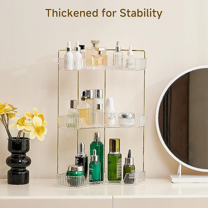 Ceruaxb 3-Tier Corner Bathroom Counter Organizer, Plastic Countertop Makeup Organizer, Large Capacity Vanity Bathroom Perfume Shelf Rack for Kitchen Office Desktop (Green)