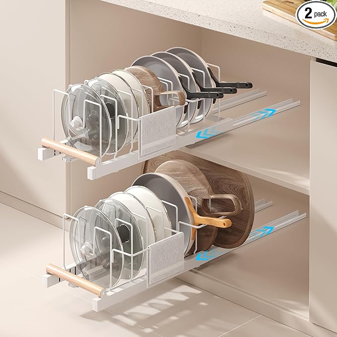 Magheo 2 Pack Pull Out Pots and Pans Organizer Under Cabinet, White