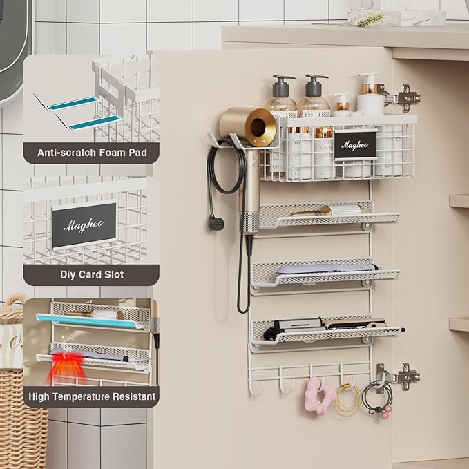 Magheo Hair Dryer Holder Wall Mounted, Adheisve Hair Styling Tool Organizer for hair Brush/Appliance Wall Mount with 5 Tier Shelf Basket Hooks Blow Dryer and Straightener Holder for Bathroom(White)