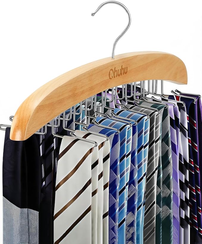 24-Hook Wooden Tie Rack Organizer for Closet