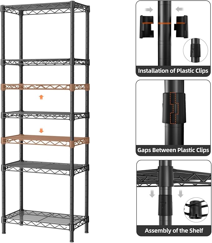 Golpart Small 5 tire Shelves Storage Wire Shelving Unit Metal Shelf Adjustable Organizers Storage Shelving for Bathroom Laundry Room Kitchen Pantry10”D x 16”W x 55”H Black