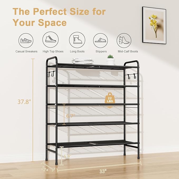 5 Tier Shoe Rack 33" Wide Metal Shoe Organizer Long Shoe Storage with 4 Side