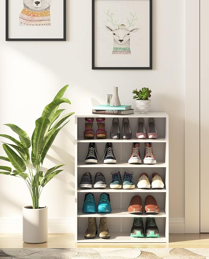 HAIOOU 5 Tier White Shoe Rack, 24 Inches Stackable Wooden Shoe Shelf Organizer Free Standing Shoe Storage Stand with One Movable Storage Shelf for 10-15 Pairs, Perfect for Entryway, Hallway, Closet