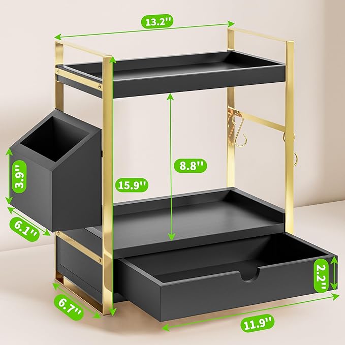 2-Tier Bathroom Counter Organizer with Drawer and Basket, Black-Gold