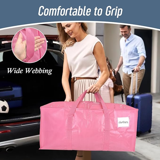6 Pack Extra Heavy Duty Large Moving Bags with Strong Zipper & Comfortable, Pink