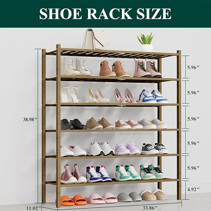 Long Bamboo Shoe Rack, 6 Tier Free Standing Wooden Shoe Organizer, Walnut