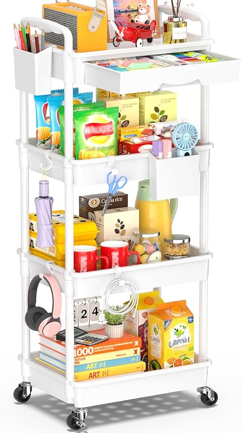 4 Tier Rolling Utility Cart with Drawer, White