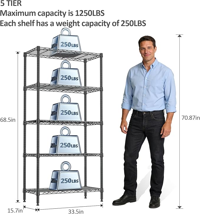 IZEUK 5-Tier Heavy Duty Metal Storage Shelves, 15.7" D x 33.5" W x 68.5" H, 1250 lbs, Black, Adjustable Wire Shelving Unit,Storage Rack for Kitchen, Garage and Closet Organizer