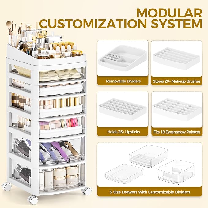 Rolling Cart with 6 Drawers, Clear Plastic Drawer Organizers, Dust Proof Under Desk Storage for Makeup, Skincare, Art Crafts and Baby Items, Acrylic Cosmetic Organizer with Dividers, Vanity Cart