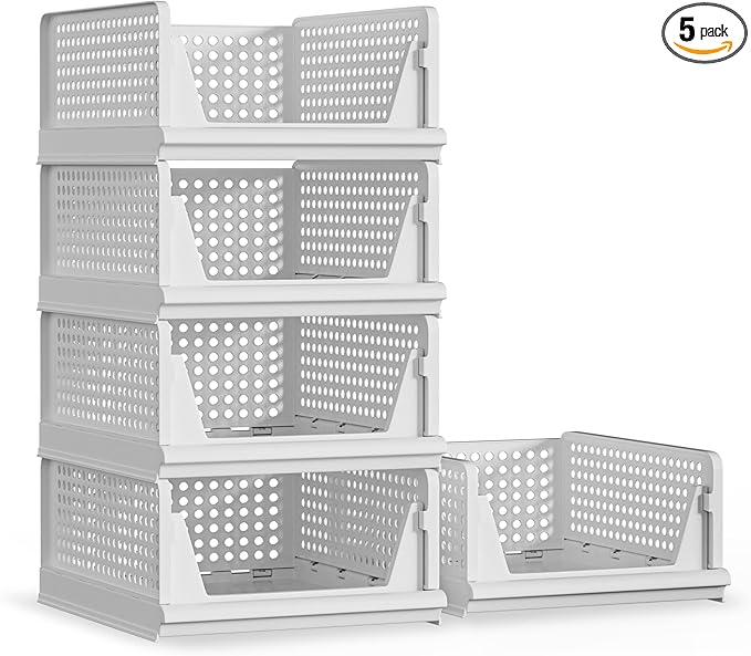 Proarea 5 Pack Stackable Plastic Storage Basket Closet Organizer Bin Foldable Clothes Organizer Storage Drawer Shelf Container for Living Room Bathroom Kitchen Office Laundry Room 5L
