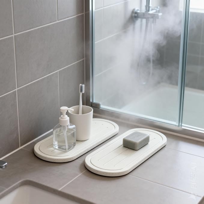 Razborci 2PCS Water Absorbing Stone Drying Tray Mat for Bathroom Sink & Kitchen Counter Faucet Organizer Decor, Quick Dry Dish Soap Dispenser Sponge Holder, Vanity Sink Caddy Coaster,White -10"*3.8"