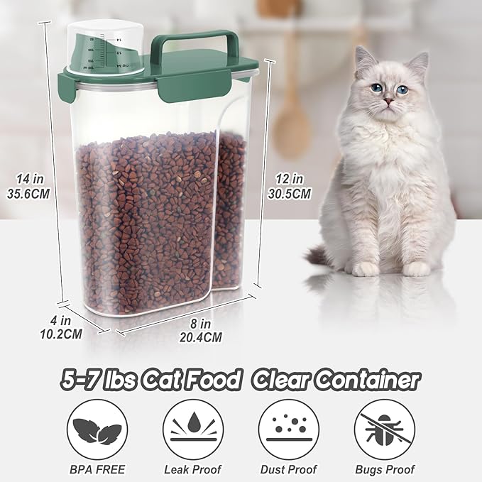 LEAWALK 5-7lbs Cat Dog Storage Container Portable with Upgraded Large Spout and Cup, Plastic Pet Food Dispenser BPA-Free for Small Animal Kibble, Bird Seed, Oatmeal, Rice, Flour-2Pack Dark Green