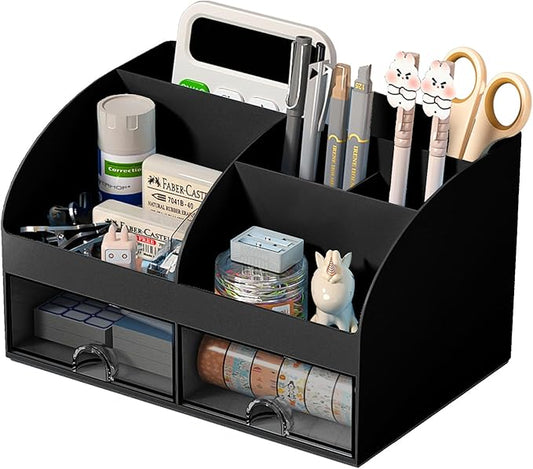 Desk Organizer with 6 Compartments and 2 Drawers, Black