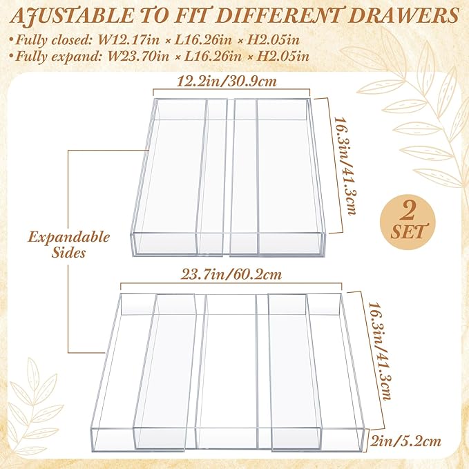 Teenyyou 2 Packs Expandable Kitchen Drawer Organizer Clear Acrylic Utensil Organizer Adjustable Acrylic Silverware Storage for Drawers Silverware Flatware Knives (12 x 16 Inches,3-5 Compartments)