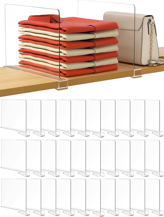 HBlife 30 Pack Clear Shelf Dividers, Vertical Purse Organizer for Closet Perfect for Sweater, Shirts, Handbags in Bedroom and Kitchen, Adjustable Acrylic Bookshelf for Organization