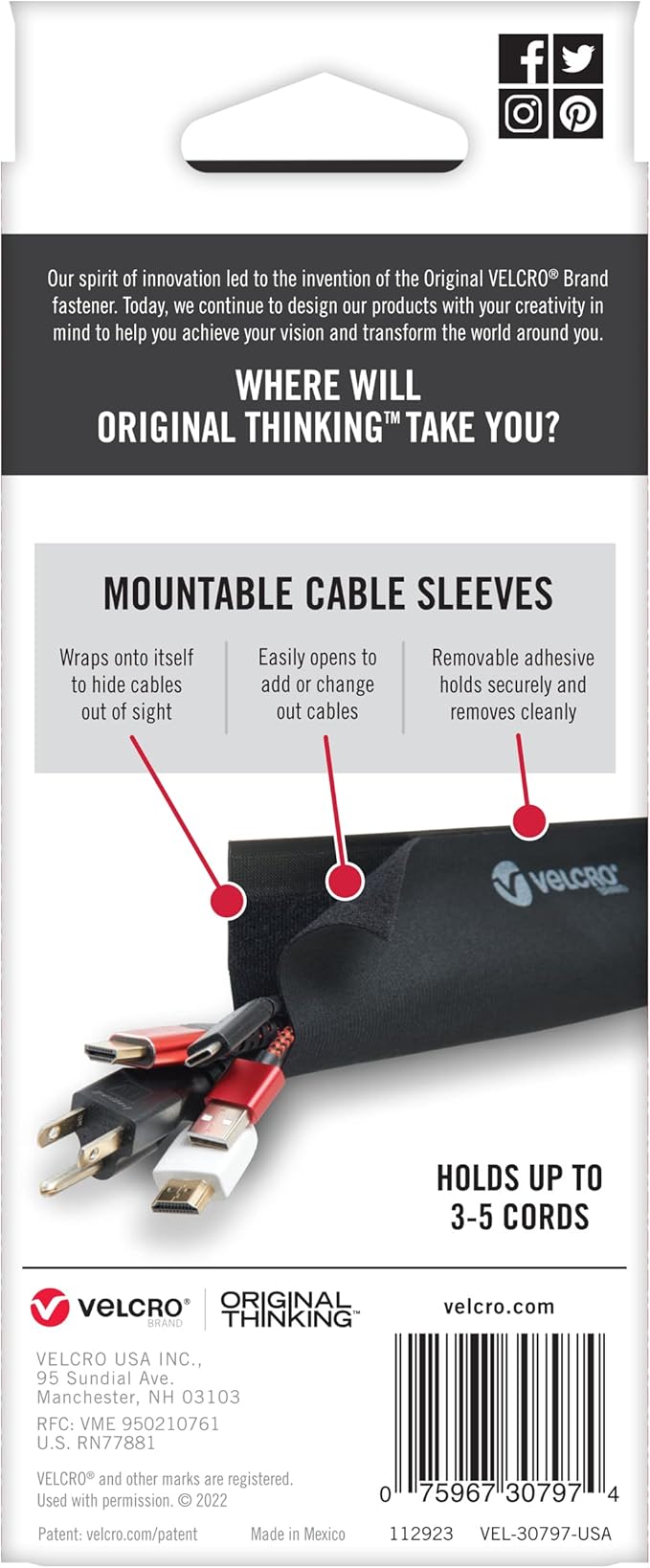 VELCRO Brand VEL-30797-USA Mountable Cable Sleeve | Cord Management Mounts on Walls, Desk or Entertainment Center | Removable Adhesive is Damage Free | 12in Black, 2pk, 12in-2Pk