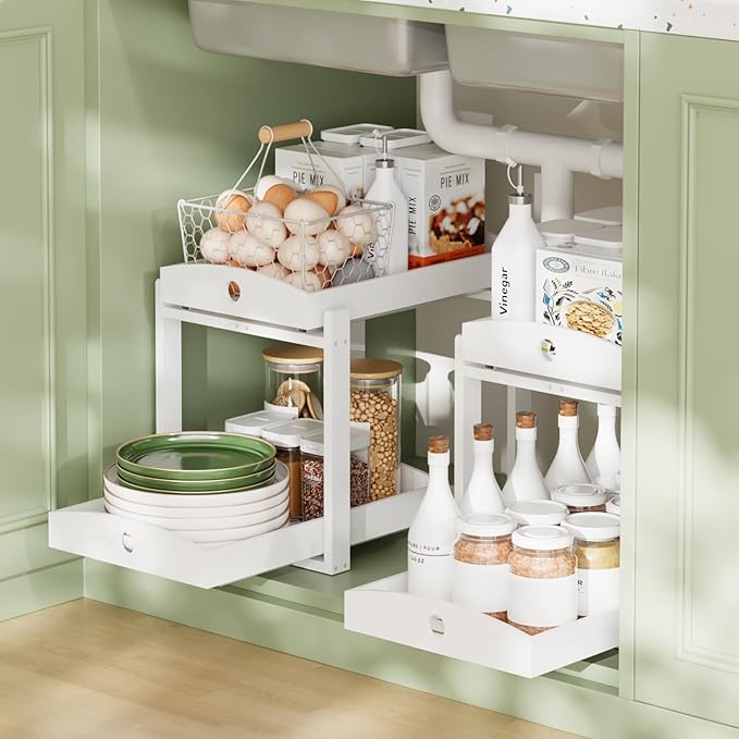 Bamboo Wood Under Sink Organizer 1 Pack, White, 2 Packs