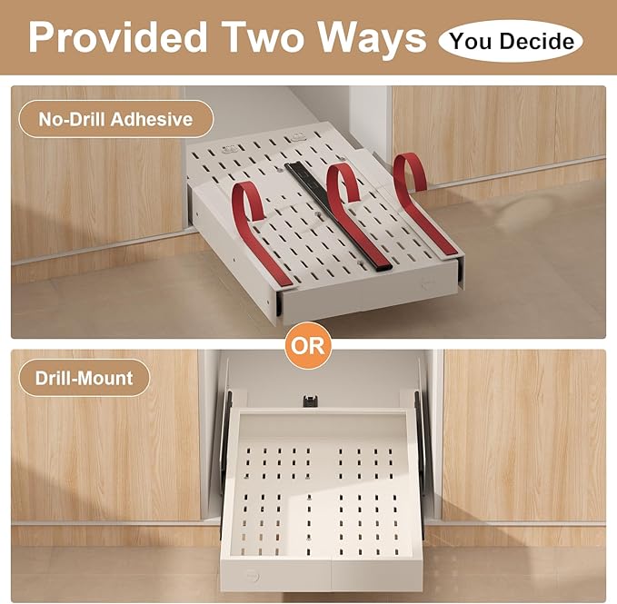 Fokyfok Pull-Out Cabinet Organizer, Expandable Width（11"–17"） and Depth (25"-32"),Adhesive No-Drill or Drill Mount Slide Out Drawer for Kitchen, Pantry, Roll out Shelves for Frameless Cabinets, White
