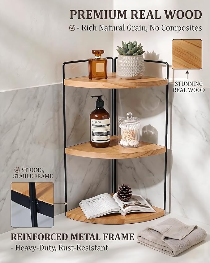 3-Tier Corner Bathroom Countertop Organizer, Solid Pine Wood Vanity Corner Shelf for Skincare & Makeup, Waterproof Standing Rack for Bathroom, Kitchen & Dresser, Large 15.7" H, Natural Wood