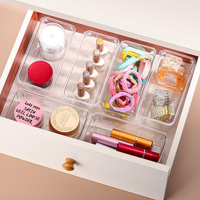 6Pcs Clear Plastic Drawer Organizers Tray 6" x 3" Storage Bins with 25Pcs