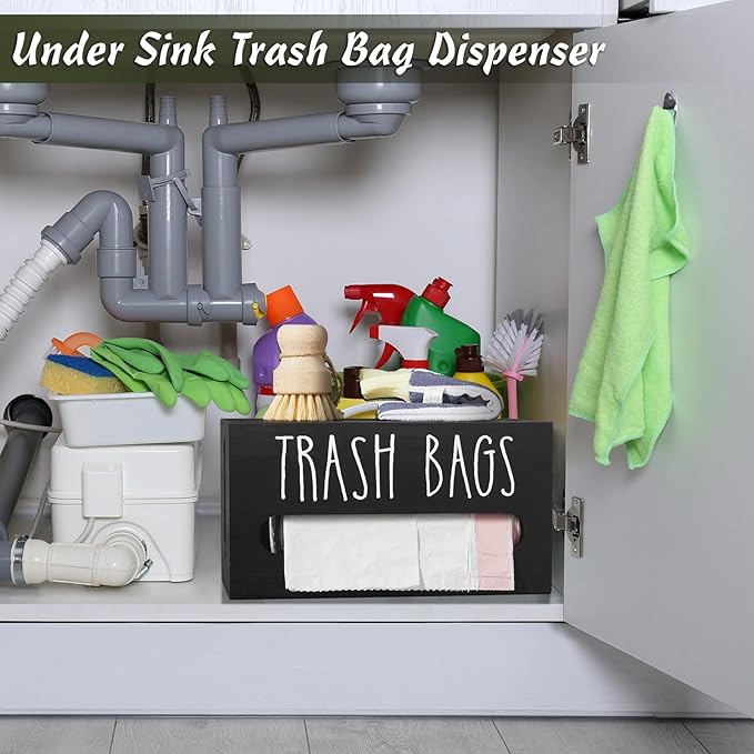 DRASTAR Trash Bag Dispenser, Trash Bag Holder Wall Mount, Wooden Trash Bag Holder for 4-8-gallon Trash Bags Roll Holder Countertop, Home Decor Under Kitchen Sink Organization