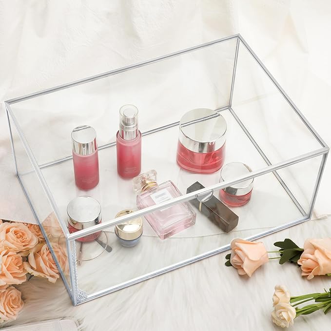 HighFree Vintage Glass Box with Lid - Clear Jewelry Glass Display Box Keepsake Box - Home Decor Decorative Box for Trinket Rings Bracelet (Silver, X-Extra Large)