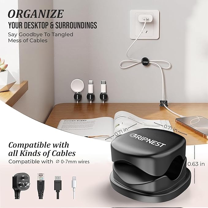 Never-Lose 1s Lock Spring Cable Solution – Rotatable Cable Clips, Strong Adhesive Cord Organizer & Wire Holder for Desk, Car, Wall & Nightstand, Tangle-Free Cable Management, 12 Pack (Black)