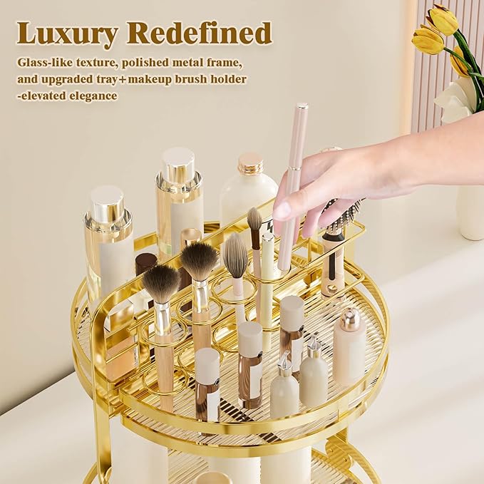 360° Rotating Makeup Organizer, 2-Tier Gold Perfume Organizer for Dresser, Bathroom Organizer Countertop, Lazy Susan Spinning Perfume Stand Vanity Skincare Storage with Makeup Brush Holder