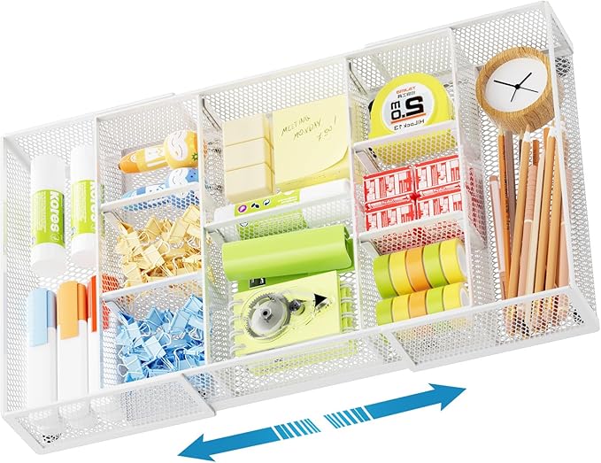 Marbrasse Expandable Desk Drawer Organizer, Mesh Drawer Organizer Tray with 10 Adjustable Compartments, Desk Organizers and Accessories for Office Supplies (Longer Expandable Drawer Organizer-W)
