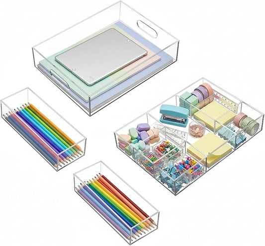 4 Pack Desk Drawer Organizer Set 3 Size Clear Acrylic Drawer Organizer Trays