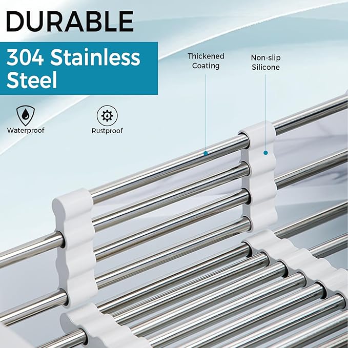 COVRA Over Sink Dish Drying Rack, Stainless Steel Drainer for 10.6"-18.5" Sinks (Square Sinks ONLY), Kitchen Countertop Organizer for Dishes, Vegetables, and Fruits(Gray)