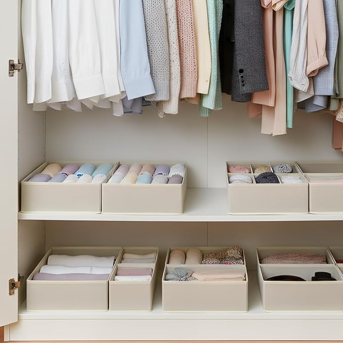 Drawer Organizer Set 4 Pack - Foldable 11" Fabric Storage Bins with Zipper Bottom for Underwear Socks Bras Baby Clothes - Closet Dresser Dividers for Bedroom Nursery, Khaki