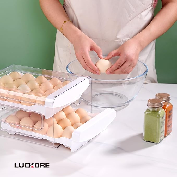 Luckore Egg Container Holders Dispenser for Refrigerator 40 Eggs, 2 Tier Clear Stackable Holder Tray with Drawer for Fridge, Storage Container with Handles for Refrigerator, Countertop