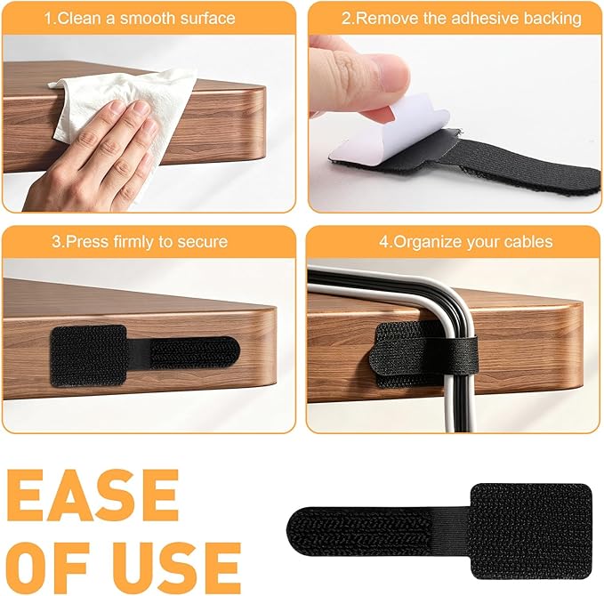 100pcs Hook and Loop Cable Straps,Under Desk Cable Management,Adjustable Cord Organizer for Desk Home Office Organization (Black)