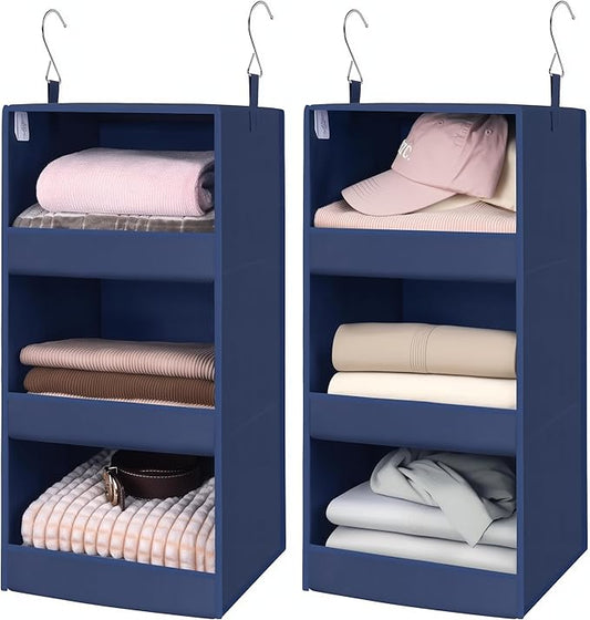 GRANNY SAYS 3-Shelf Closet Organizers and Storage, Foldable Hanging Closet Organizer, Closet Hanging Shelves with 2 Metal Hooks, Leak-Proof Hanging Organizer for Closet, Navy, 2-Pack