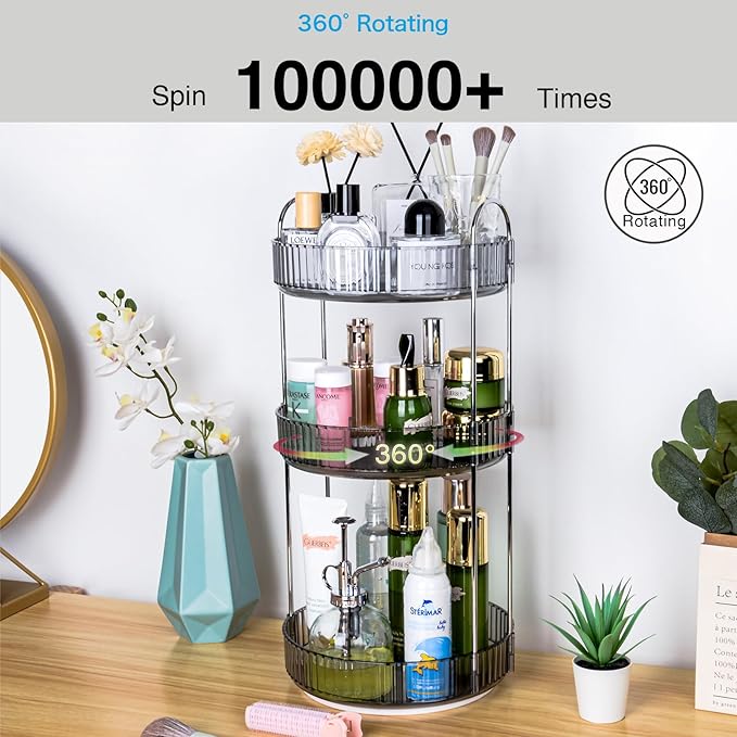 360 Rotating Makeup Organizer, Classic Grey, 3 Tier