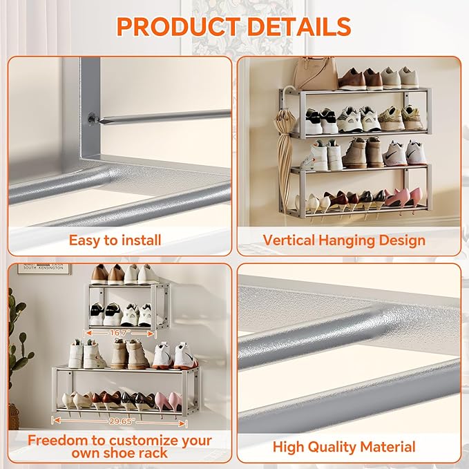 Hanging Shoe Organizer, 2 Pack Wall Mounted Shoe Rack Holds 12 Pairs, Silver