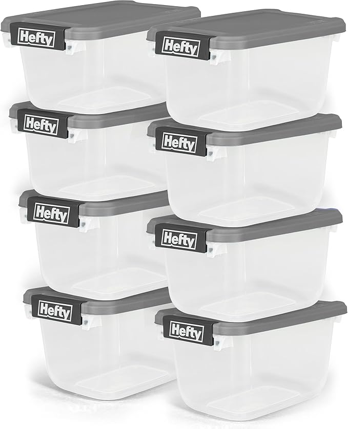 Hefty 6.5 Qt Flat-Lid Storage Bin with Lid, Stackable Plastic Storage Container, Organizer for Home, Office & Classroom, 8 Pack, Gray