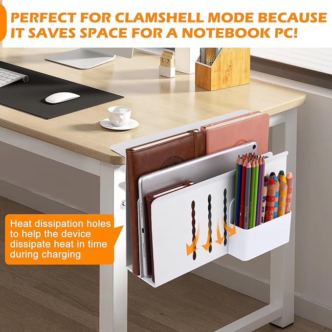 Desk Side Storage, 2 Tier Steel Hanging Organizer, No Drill Side Desk Organizer, Laptop Holder, with Pen Holder, For Office Supplies & Studio Essentials