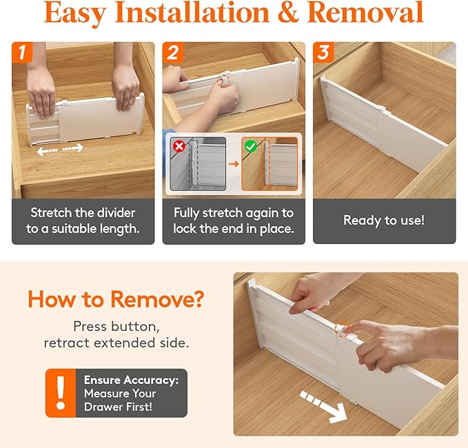 Lifewit 8" Tall 6 Pack Drawer Dividers, 35-56.5cm/13.8-22.2" Expandable Drawer Divider for Clothes, Adjustable Dresser Drawer Organizers, Drawers Separators for Dresser/Bathroom/Closet/Kitchen White