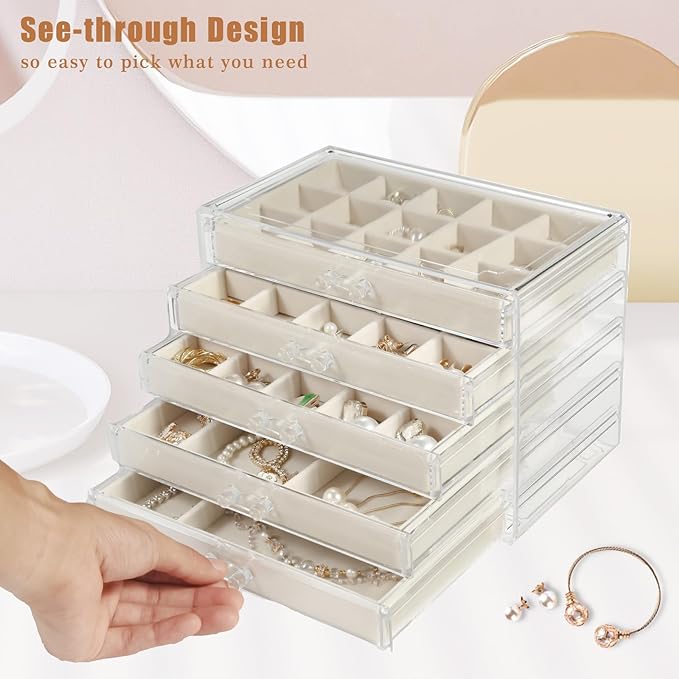 5 Drawers Clear Jewelry Box for Women and Girls, Mother's Day Warm White