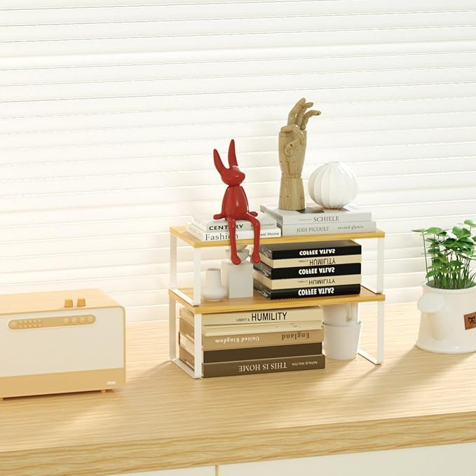 NEX Kitchen Cabinet and Counter Shelf Organizer, Stackable & Expandable, Set of 4, White and Natural - 7.7 x 15.6 x 6.2''
