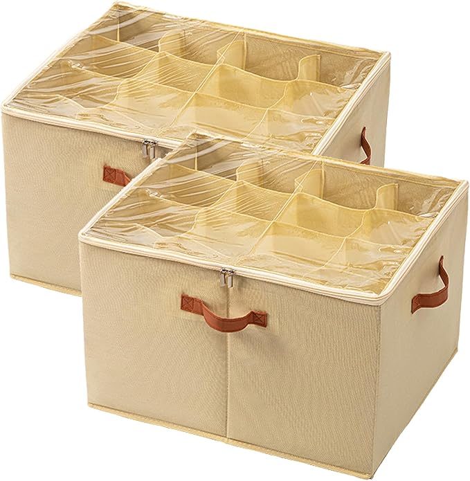 2 Pack Shoe Organizer for Closet - under bed storage shoe organizer with Adjustable Dividers and Clear Cover, Stackable shoe rack Fit 16 to 32 Pairs for dorm room essentials (cream-colored, 16 grids)