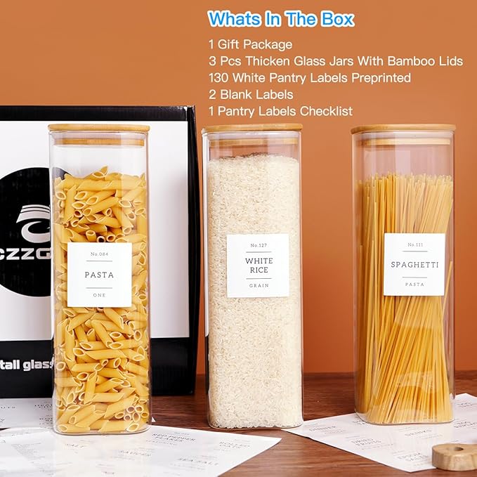 3 Pack Square Kitchen Storage Jars with Airtight Bamboo Lids and 132 Pantry