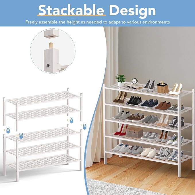 Haddockway Long 2 Tier Bamboo Shoe Rack Storage Organizer, Multifunctional Free Standing Stackable Shoe Shelf with Grid Panel for Closet,Hallway,Entryway,Small Space 34.2"x11"x13"
