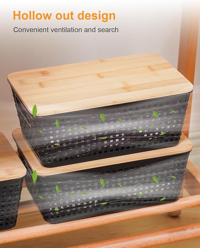 Storage Bins with Lids 10 Packs, Plastic Storage Bins with Bamboo Lids for Pantry Organization and Storage Containers for Shelves Drawers Desktop Closet Playroom Classroom Office Home, Black