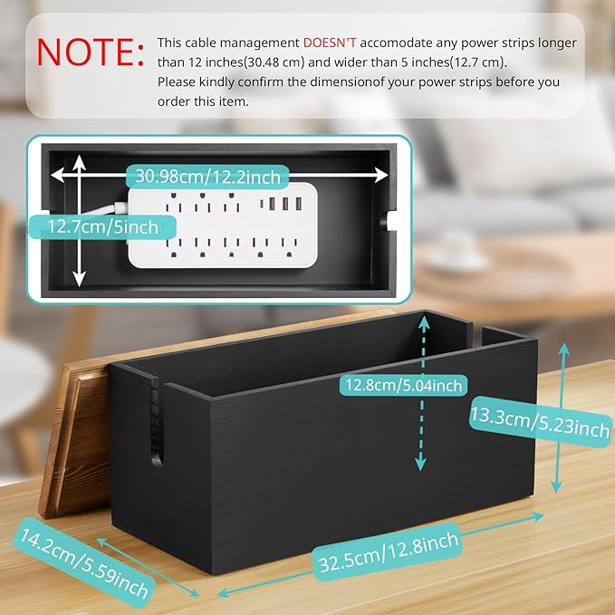 Cable Management Box Medium, Wooden Cord Organizer Box for Desk, Floor