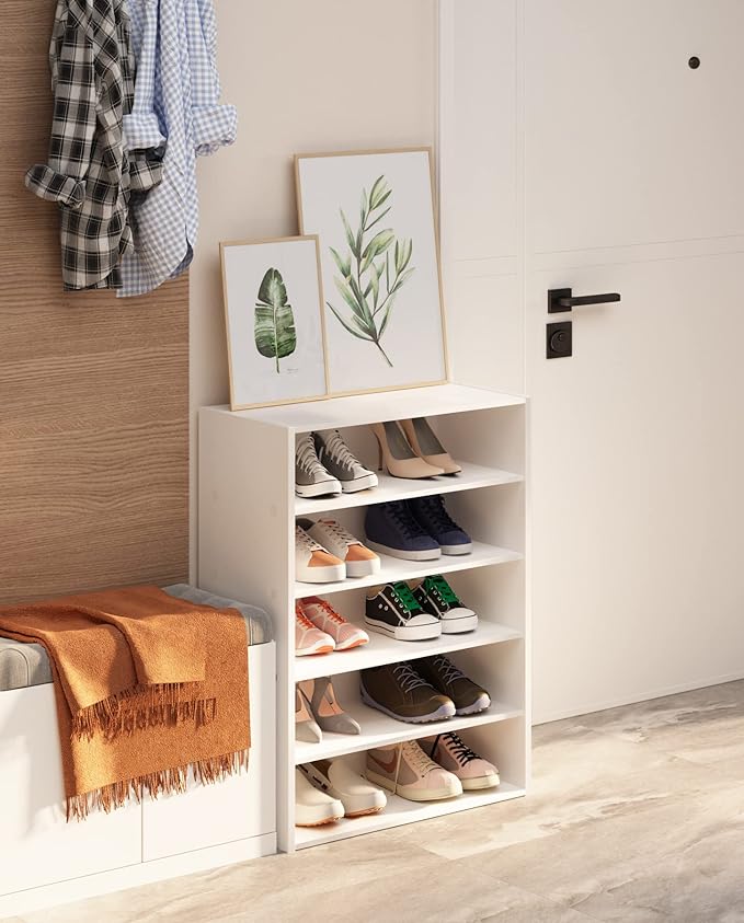 HAIOOU 5 Tier White Shoe Rack, 24 Inches Stackable Wooden Shoe Shelf Organizer Free Standing Shoe Storage Stand with One Movable Storage Shelf for 10-15 Pairs, Perfect for Entryway, Hallway, Closet